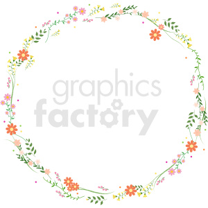 A circular floral frame featuring various colorful flowers and green leaves, forming a delicate and vibrant border.