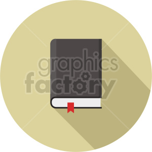 Clipart image of a closed book with a red bookmark, set against a light brown circular background.