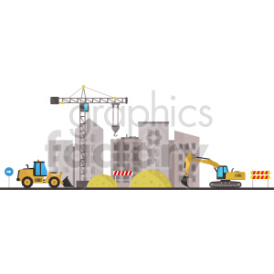 Clipart image of a construction site with heavy machinery including a crane, a bulldozer, and an excavator. Buildings are in the background, and there are construction barriers and mounds of earth in the scene.