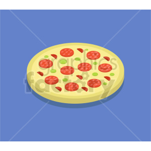 An illustration of a whole pizza with pepperoni, green peppers, and red pepper toppings on a blue background.