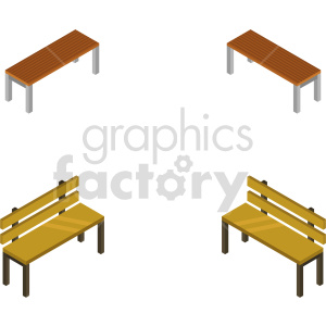 Clipart image of two wooden benches and two wooden tables in an isometric view, with simple design elements and a clean background.