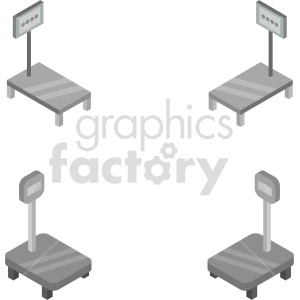Isometric clipart image of four different platform weighing scales with digital displays. Each scale is designed in a simple, grayscale style.