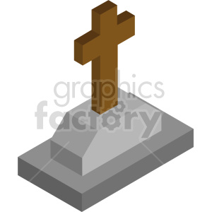 Isometric clipart image of a graveyard tombstone with a brown cross on a gray base.