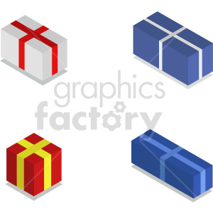 Isometric clipart image of four gift boxes with different colored wrappings and ribbons.