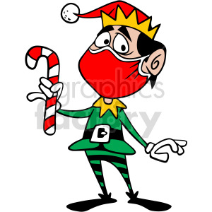 Cartoon elf wearing a red mask and green outfit, holding a red and white candy cane.