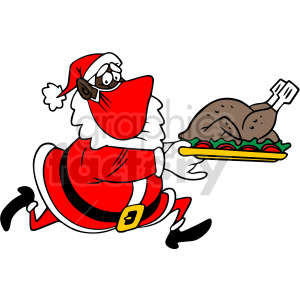 Clipart of Santa Claus wearing a face mask, running with a holiday feast platter.