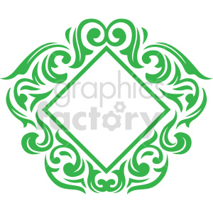 This clipart image features an elegant green ornamental frame with an open center in the shape of a diamond. The frame has intricate, swirling designs, giving it a classic and decorative appearance.