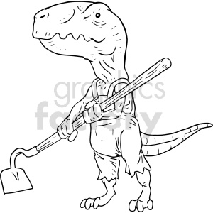 A humorous clipart image of a dinosaur wearing overalls and holding a hoe, ready for gardening.