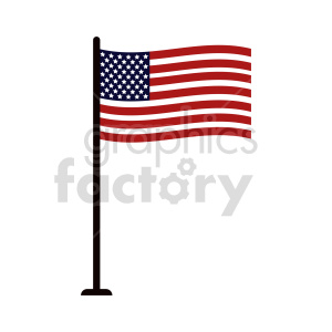 The image depicts a clipart of an American flag, also known as the flag of the United States of America (USA), mounted on a flagpole.