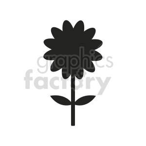 A minimalist black silhouette of a simple flower with petals and two leaves.