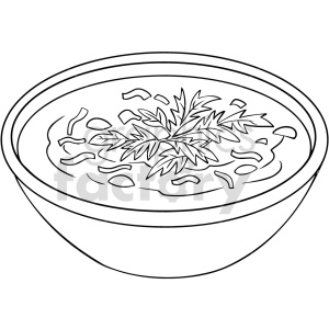 A black and white clipart image of a bowl of ramen soup with noodles and herbs.