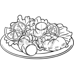 Clipart image of shrimp on a plate with lemon slices and lettuce.