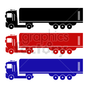 Three clipart images of semi-trailer trucks in black, red, and blue.