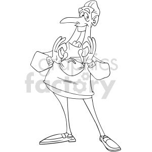 Black and white clipart image of a cartoon character with a long nose, wearing a sweater, and making an 'OK' hand gesture, while hodling a medical mask between the fingers