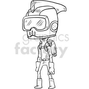 A cartoon figure with a large helmet and backpack, resembling a space alien or adventurer.