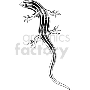 The image is a black and white clipart of a lizard. The lizard is depicted in a side profile with its body slightly curved, displaying its four legs, long tail, and textured skin patterns, which include various stripes and spots.