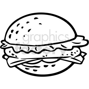 Black and white clipart image of a hamburger with lettuce and cheese.