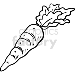 A black and white clipart image of a carrot with leafy tops.