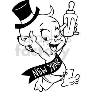 Black and white clipart image of a cheerful baby with a 'New Year' sash, wearing a top hat and holding a bottle.