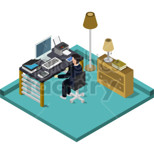 An isometric clipart image depicting a small office room with a person at a desk. The desk features a computer, printer, phone, and other office supplies. The room also includes a floor lamp, table lamp, and dresser with books.