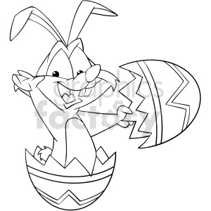 Clipart of a cartoon rabbit popping out of a cracked Easter egg, smiling and looking cheerful.