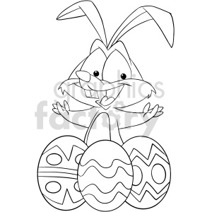 Black and white clipart image of a cheerful Easter bunny with decorated eggs surrounding it.