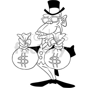 Black and white clipart image of a cartoon character dressed in a classic rich man's attire, including a top hat, glasses, bow tie, and tuxedo, holding two bags of money with dollar signs on them.