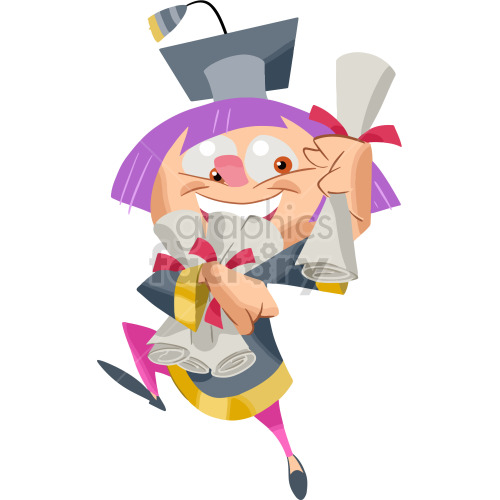 The clipart image shows a cartoon character, a girl wearing a graduation cap and gown with a diploma in her hand. It represents the concept of graduation, education, and receiving a diploma after completing a course of study or program.
