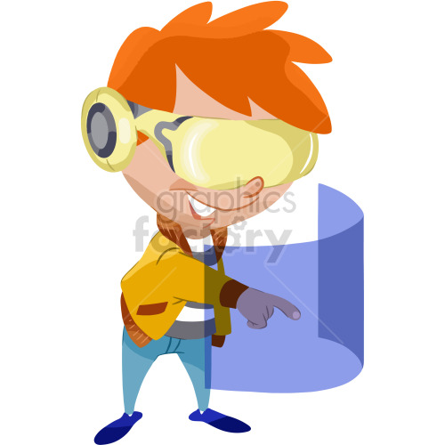 A cartoon character with bright orange hair wearing large yellow VR goggles and pointing to the right. The character is dressed in a yellow jacket, blue jeans, and blue shoes.