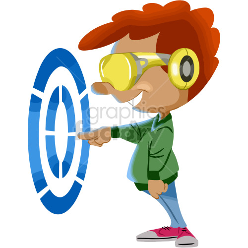 Illustration of a person wearing yellow virtual reality goggles and pointing at a blue digital interface.