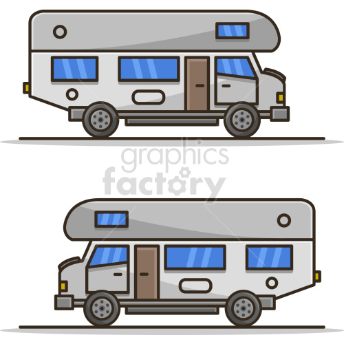 Illustration of two motorhomes with large windows and a modest design. The vehicles are depicted in a flat, cartoon-like style with blue windows, gray bodies, and brown doors.