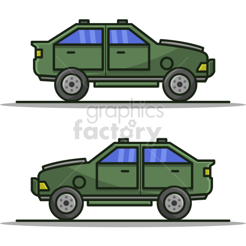 This clipart image depicts two green armored vehicles in side view, showing their military-style design with rugged tires, reinforced exteriors, and blue-tinted windows. The vehicles are displayed in a simple, cartoon-like style.