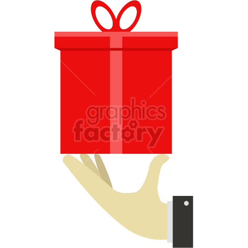 Clipart image of a red gift box with a bow on top held up by a hand.