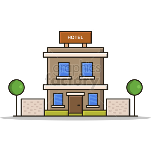 Illustration of a two-story hotel building with blue windows and a brown door, flanked by two green trees and two small walls on each side.