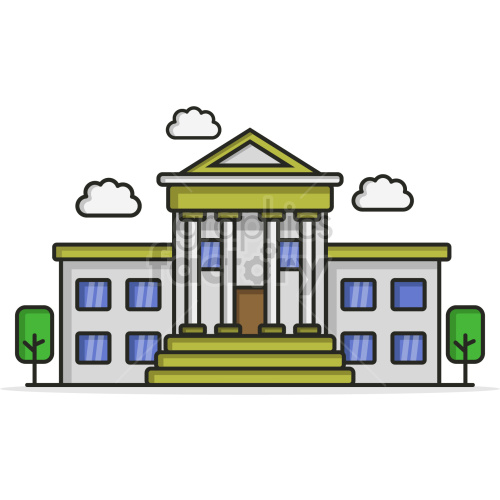 Clipart image of a neoclassical building with columns, likely representing a government or historic building, with steps leading up to the entrance. The building is gray with green highlights and features several windows. Trees and clouds are also present in the scene.