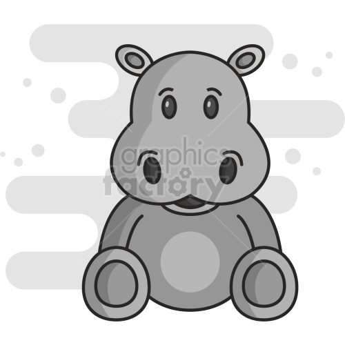 The image depicts a simple and cute clipart illustration of a grey cartoon hippopotamus. The hippo is seated, facing forward with large eyes and a pleasant expression. The background is plain with abstract light grey shapes that give a sense of a cloudy sky or a non-descript environment.