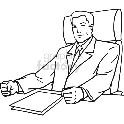 A black-and-white clipart image of a businessman sitting at a desk with a serious expression, wearing a suit and tie, and holding a piece of paper.