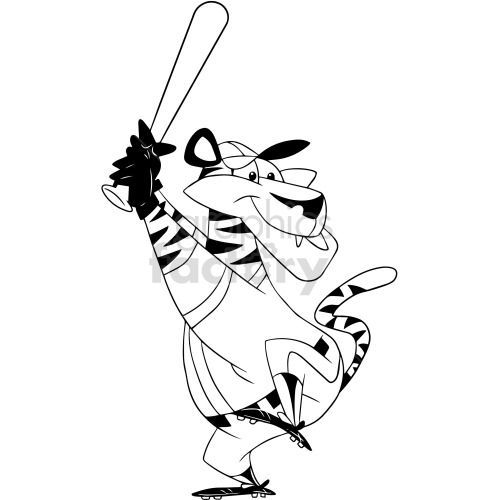 Black and white clipart of an animated tiger character playing baseball, with a baseball bat, glove, and wearing a cap.