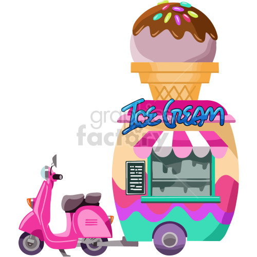 A vibrant clipart image depicting a colorful ice cream cart with a large ice cream cone on top. The cart has a striped awning and is connected to a pink scooter.