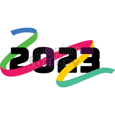 A colorful 2023 clipart with ribbons weaving through the numbers