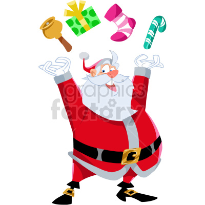 A cheerful Santa Claus juggling festive items including a bell, a wrapped gift, a stocking, and a candy cane.