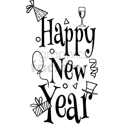 This clipart image features the phrase 'Happy New Year' in playful, stylized text. Surrounding the text are festive elements including a party hat, a glass of wine, a balloon, a gift box, and a top hat.