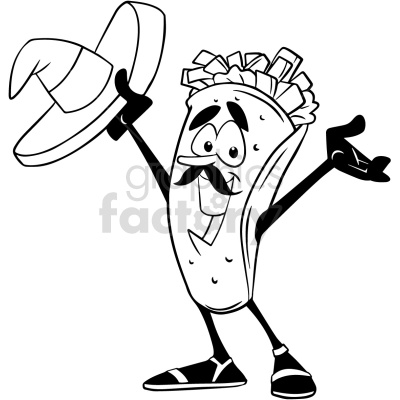 A black and white clipart image of a taco character. The taco has a mustache, is wearing sandals, and is cheerfully holding a hat.