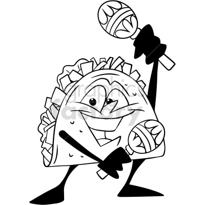 A black and white clipart image of a happy taco with eyes, arms, and legs, holding maracas in both hands and dancing.