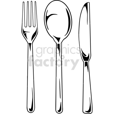 Clipart image of cutlery including a fork, spoon, and knife.