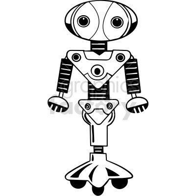 Black and white clipart image of a cute robot with round eyes and detailed limbs.