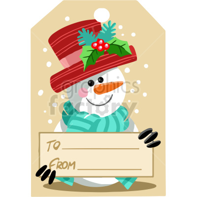 A festive clipart image of a cheerful snowman wearing a red hat adorned with holly leaves and berries, a turquoise scarf, and holding a blank name tag with 'To' and 'From' fields. The background features falling snow.