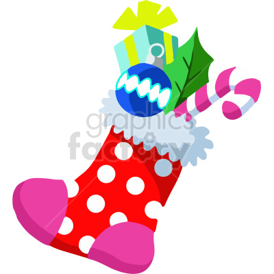 A festive Christmas stocking with white polka dots contains a present, a blue ornament, a holly leaf, and a candy cane.
