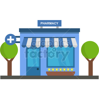   The clipart image depicts a storefront of a pharmacy or drugstore. The design features a building with a large windowpane and a signboard that reads "Pharmacy" in bold letters. The storefront also has a door, and several shelves and cabinets can be seen through the window. Overall, the image represents the exterior view of a pharmacy store or shop.
 
