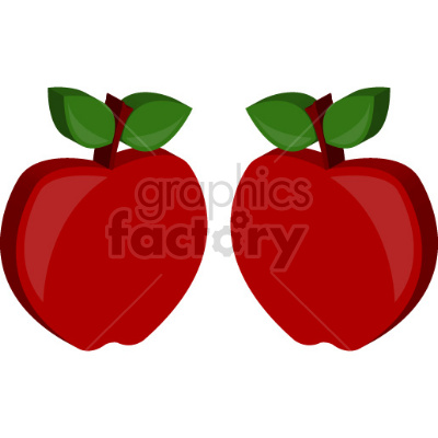 Clipart image of two red apples with green leaves.